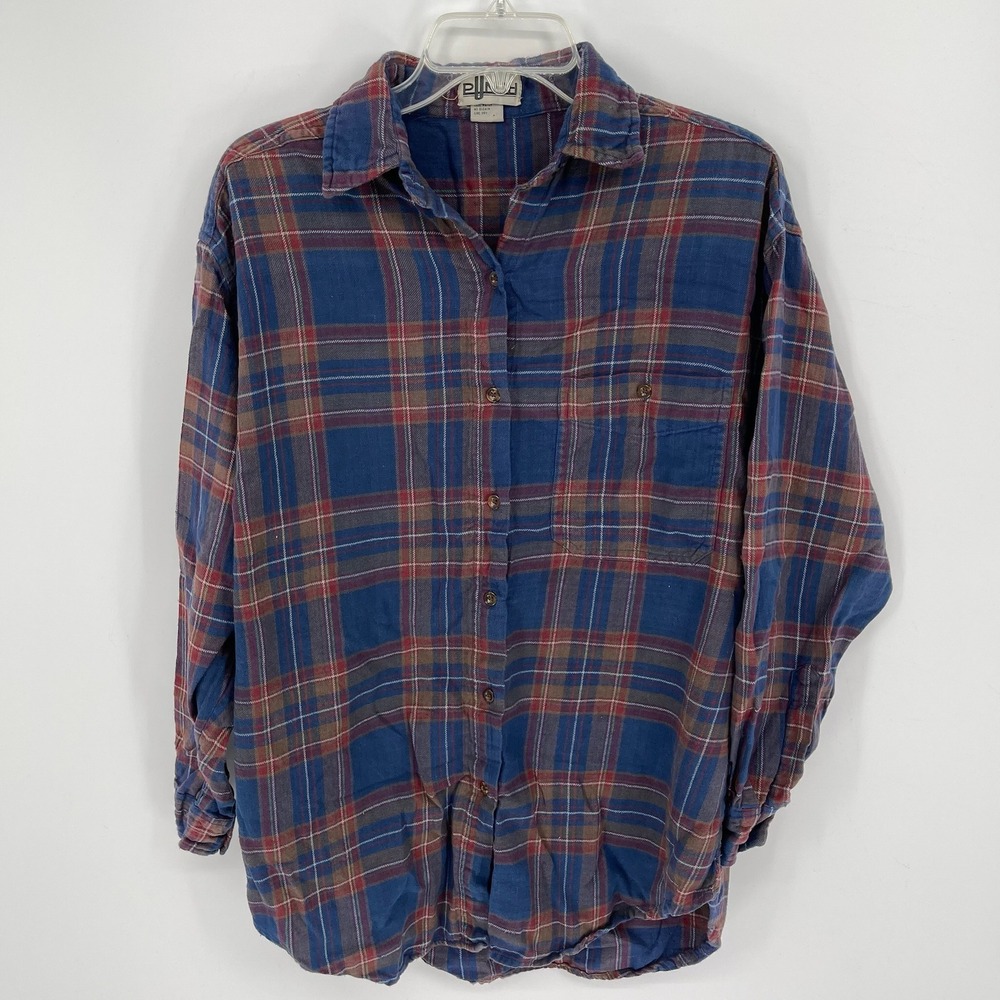 Vintage Punch Women's Blue Plaid Cotton Flannel Button Down Shirt Size Medium